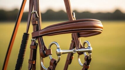 Close up of a horse bridle and reins with a whip in the background outdoors.