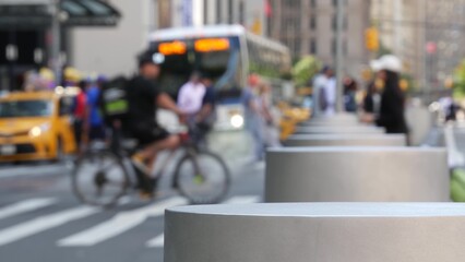 Fototapeta premium New York City Manhattan Downtown Financial District, United States. Defocused people pedestrians on Church street. Hot steam and zebra crosswalk on crossroad with Fulton street, USA. Yellow taxi car.