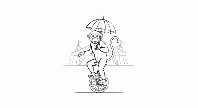 A monkey balances on a unicycle under a circus tent, holding an umbrella