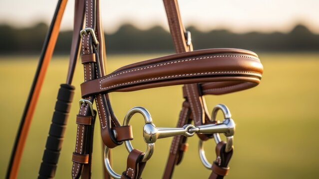 Close up of a horse bridle and reins with a whip in the background outdoors.