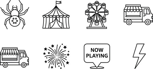 Festival and entertainment line icons set with circus tent, ferris wheel, fireworks, food truck, spider, and signage symbols isolated on white background for event design © Hey there