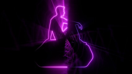 Fototapeta premium Neon Silhouette of a Man Sitting in a Futuristic Digital Tunnel, Glowing Purple Synthwave and Retrowave Style Background