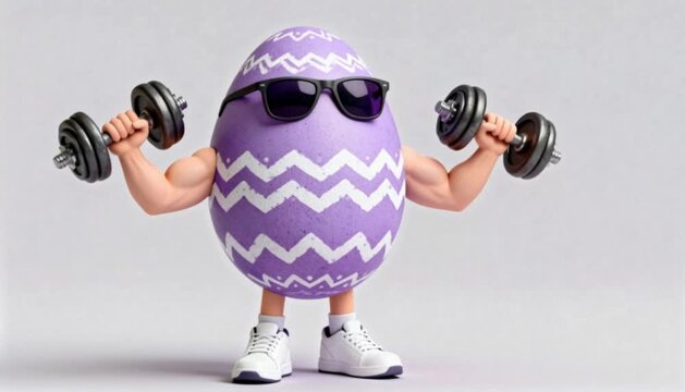 A muscular lilac Easter egg with a white pattern flexes while holding dumbbells and wearing white sneakers against a neutral background, creating a fun fitness-themed character for gym promotions