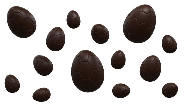 Falling dark chocolate Easter eggs pattern on transparent background - 3D rendering
