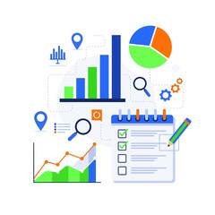 Business analytics and data visualization with charts, graphs, checklist, and magnifying glass