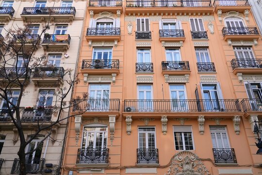 Residential architecture in Valencia, Spain. Elegant building in Eixample district of Valencia.