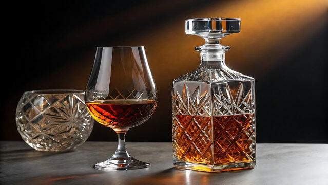 Elegant whiskey decanter and glass with rich amber liquor on reflective surface in warm lighting