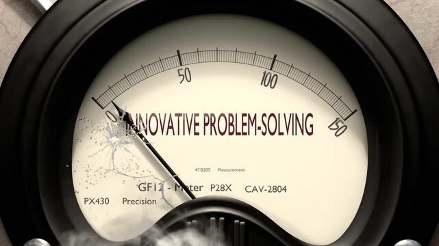 Innovative problem-solving meter showing low levels of innovative problem-solving. Minimum and decreasing innovative problem-solving value, below the norm. Lack of innovative problem-solving. 
