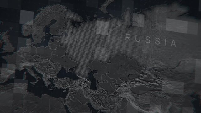 Aerial view of a detailed 3D map of Russia. Cinematic flight over the country. Perfect for backgrounds, news, or travel projects