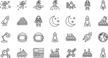 Space exploration line icons set featuring astronaut, rocket, satellite, rover, moon, and planet symbols isolated on white background for science and technology design © Hey there