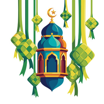Ramadan lantern centerpiece surrounded by green ketupat hangings, festive Eid decor for Southeast Asian celebration
