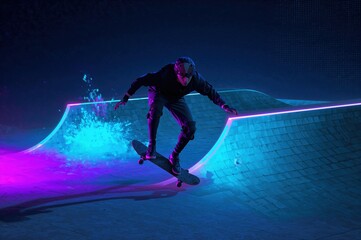 Naklejka premium Futuristic skate moment caught as neon pixel ramps glow beneath a perfect ollie
