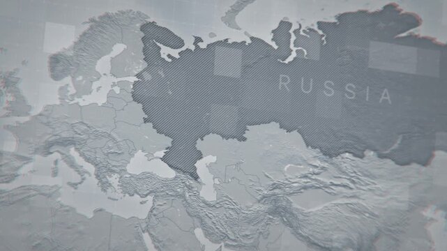 Aerial view of a detailed 3D map of Russia. Cinematic flight over the country. Perfect for backgrounds, news, or travel projects