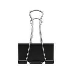 A black binder clip with a silver metal handle isolated on transparent background