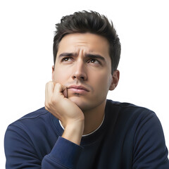 Bored or tired man leaning on hand looking up isolated on transparent background
