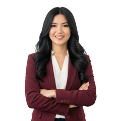 Asian businesswoman smiling with crossed arms isolated on transparent background