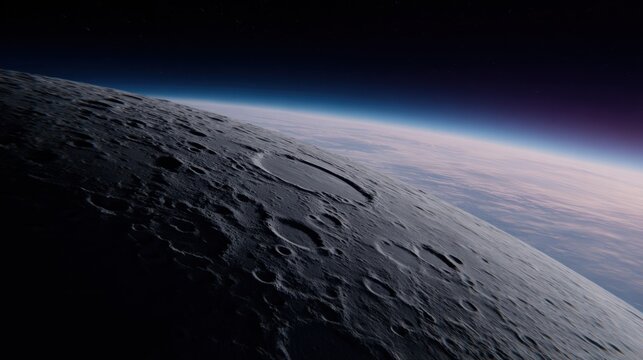 Cratered lunar terrain bathed in shadow with Earth rising above the terminator against space. A quiet cosmos!!