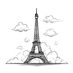Fototapeta premium Illustration of the eiffel tower surrounded by clouds in a sketch style with black and white colors