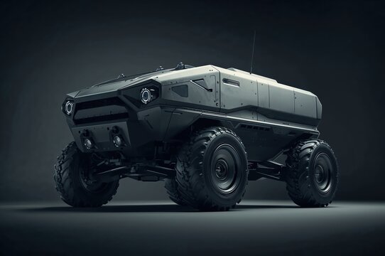 Futuristic armored unmanned ground vehicle with advanced sensors and rugged design