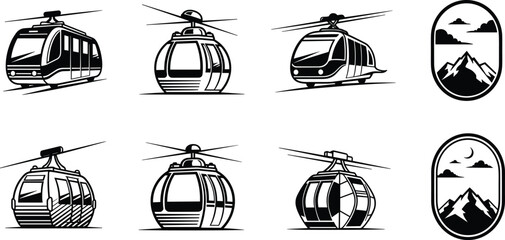 Cable Car And Gondola Lift Silhouette Icon Set Representing Mountain Transport, Aerial Tramway, Tourism Travel And Alpine Adventure Concept © Nupoor's World