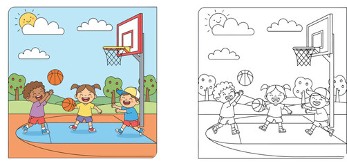 Children Playing Basketball Outdoors Coloring Page and Color Illustration Set for Kids Activity Book Featuring Happy Boys and Girls with Basketball Hoop and Nature Background (173 characters) © MMONIR