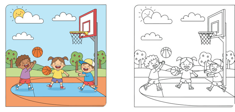 Children Playing Basketball Outdoors Coloring Page and Color Illustration Set for Kids Activity Book Featuring Happy Boys and Girls with Basketball Hoop and Nature Background (173 characters)