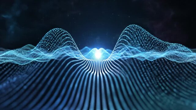 Digitally rendered blue wave pattern with glowing light source in the distance against a dark background with a futuristic and technological mood.