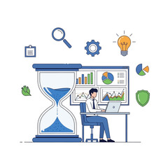 Business analytics concept: man working on laptop with charts, hourglass, lightbulb, magnifying glass
