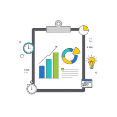 Business analytics report with charts, graphs, clock, and light bulb on clipboard
