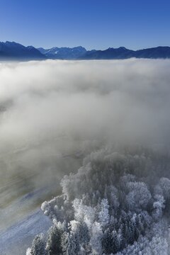 Winter landscape, fog, high fog, mountain landscape, hoarfrost, cold, trees, forest, winter, sunny, aerial view, view of Zugspitze, Laber, foothills of the Alps, Bavaria, Germany