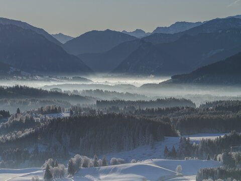 Winter landscape, fog, high fog, mountain landscape, back light, hoarfrost, cold, winter, sunny, aerial view, view of Ammergau Alps, foothills of the Alps, Bavaria, Germany