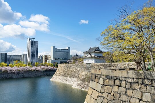Osaka Castle Wall Watch Tower, Moat Park with Water, Skyscrapers in the Back, Chuō-ku, Osaka, Japan