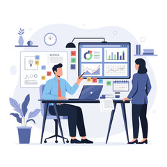 Business meeting: man presenting data on screen, woman observing, office analytics