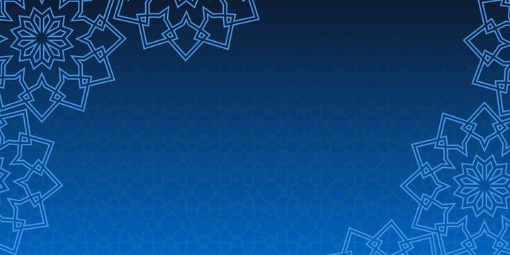 Blue Islamic geometric pattern background with elegant ornamental frame, ideal for Ramadan Kareem greeting cards, social media posts, banners and promotional designs.