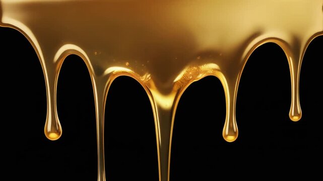 Golden honey slowly flowing on black background, static camera, soft studio lighting, smooth liquid motion, realistic commercial food video, clean composition, professional stock footage