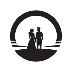 sunset couple vector silhouette line art logo concept illustration