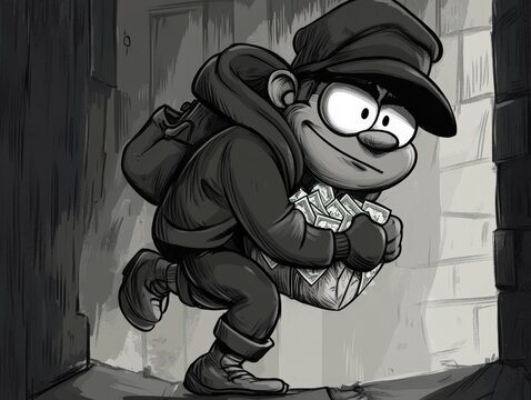 A grayscale illustration of a thief hurrying through a dark alley.
