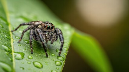 Close-up of a Jumping Spider on a Dew-Covered Leaf in Nature.
