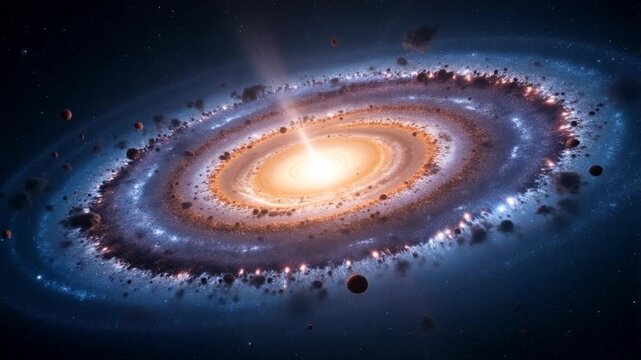 Spiral galaxy with bright core, orbiting planets, and cosmic dust