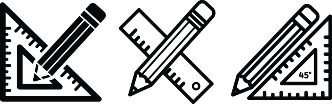 Three black and white illustrations of drawing tools
