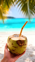 A hand holds a fresh coconut drink with a straw on a beautiful tropical beach
