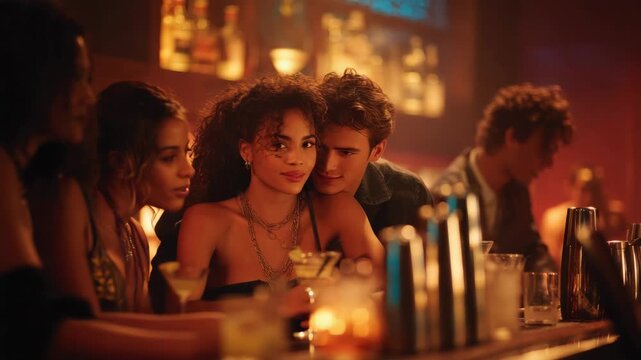 Young couple embracing intimately at a dimly lit bar with cocktails and friends nearby