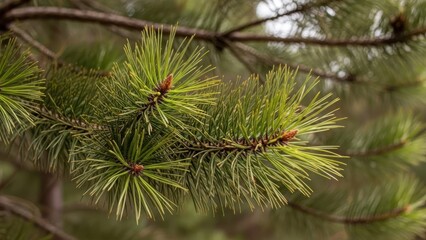 Close-up of a pine tree branch with green needles and blurred background.