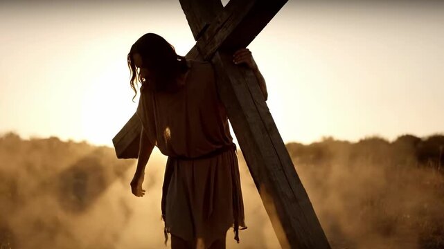 Jesus Carrying Heavy Wooden Cross Up Dusty Hill Toward Golgotha, Good Friday.