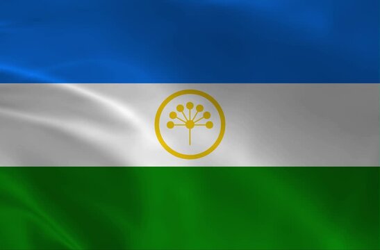 The flag of Bashkortostan, featuring horizontal blue, white, and green stripes with the Kurai flower emblem, waving in a seamless loop