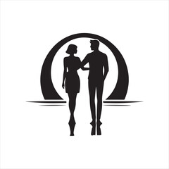 sunset couple vector silhouette line art logo concept illustration