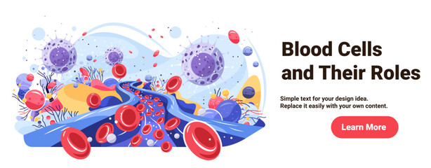 Fototapeta premium Blood cells virus bacteria anatomy bloodstream medical diagram showing red white cells pathogens flowing in vessel abstract background