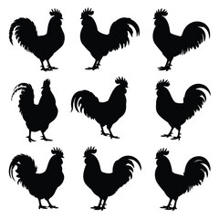 Nine black silhouettes of roosters in various poses and perspectives © nurungraphic