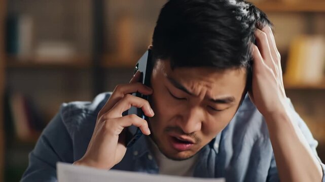 Angry young man on phone call with document in hand