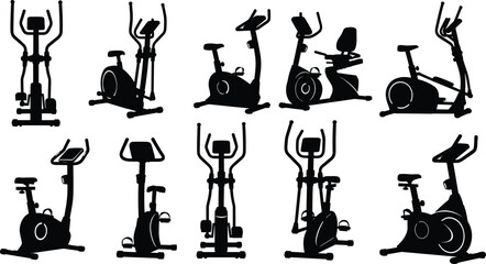 Obraz premium Black vector silhouette set of gym stationary bikes and elliptical trainers for fitness workout exercise health club branding and indoor cardio training design